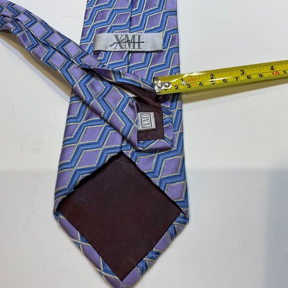XMI Platinum Men's Tie Blue Purple Geometric Italian Silk Handmade in USA 60” - Picture 3 of 8